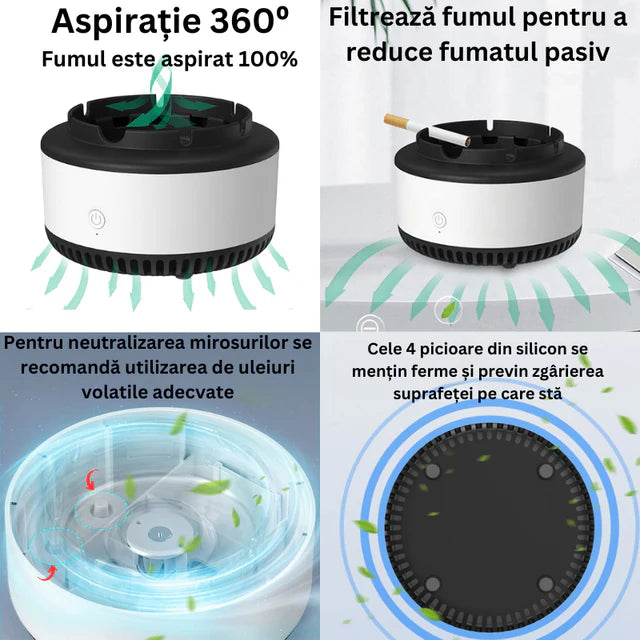 Scrumiera electrica, multifunctionala, portabila, cu ventilator si filtru antifum