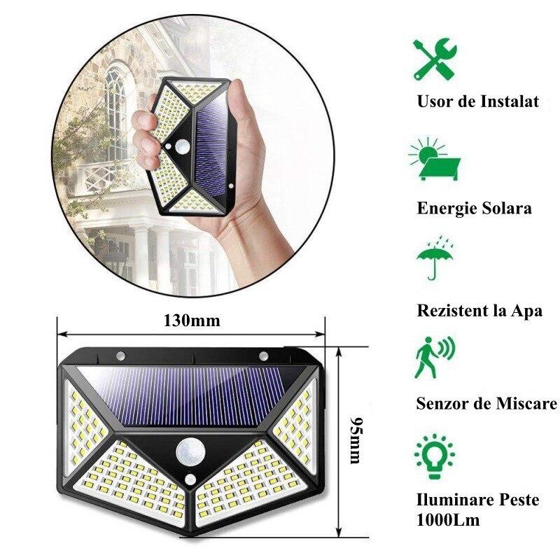 Set 3 lampi cu incarcare solara, cu senzori de noapte, miscare si lumina, 3 trepte de iluminare, 100 x LED