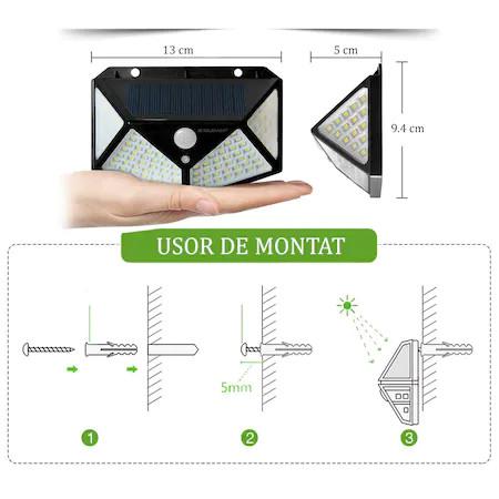 Set 3 lampi cu incarcare solara, cu senzori de noapte, miscare si lumina, 3 trepte de iluminare, 100 x LED